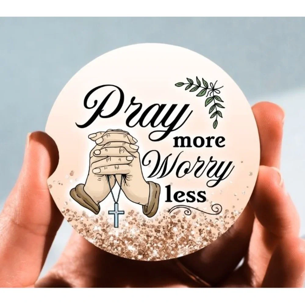 Set of 2 Car Coasters, Pray More Worry Less Car Coaster,‎ Neoprene Car Coaster